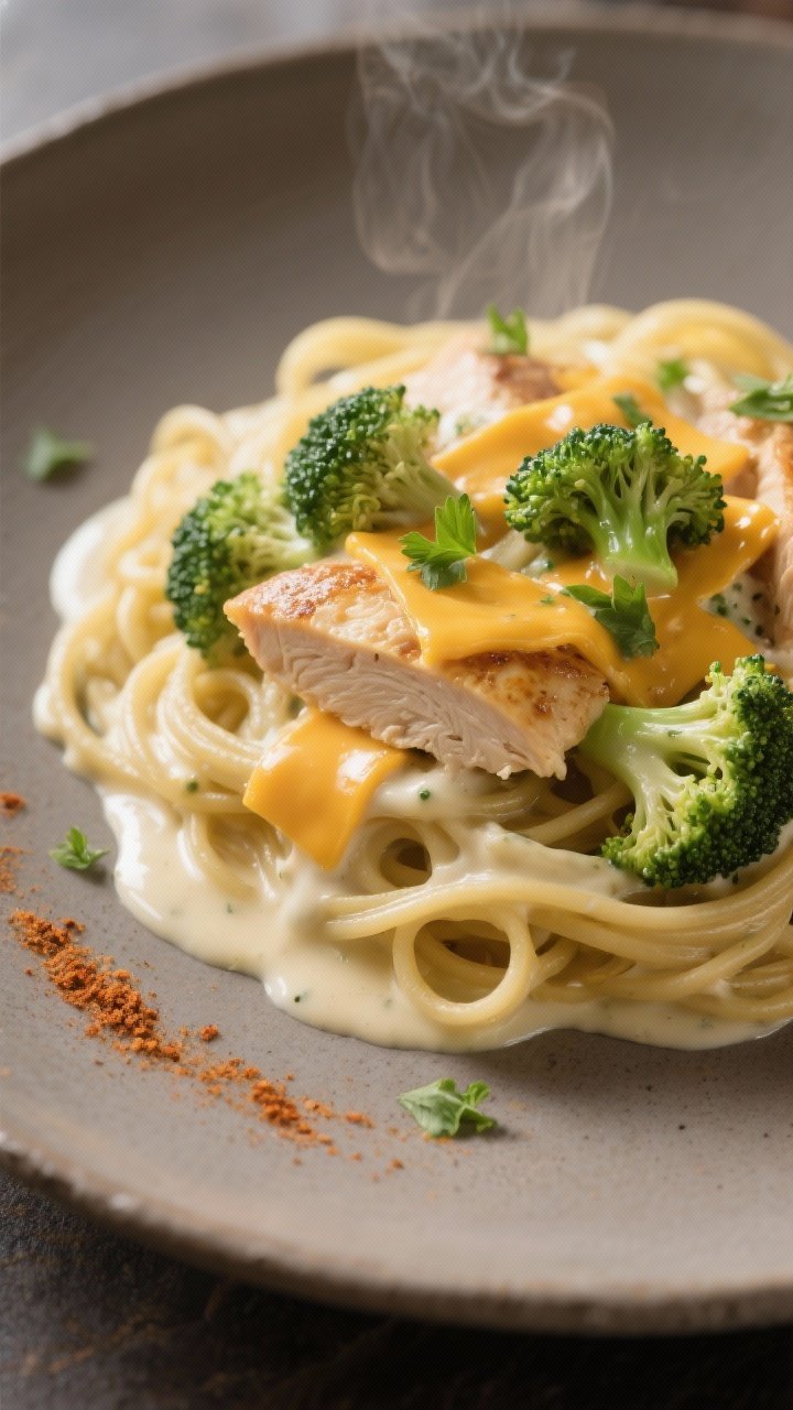 Final plated glamour: Restaurant-quality presentation of creamy broccoli cheddar chicken over al den