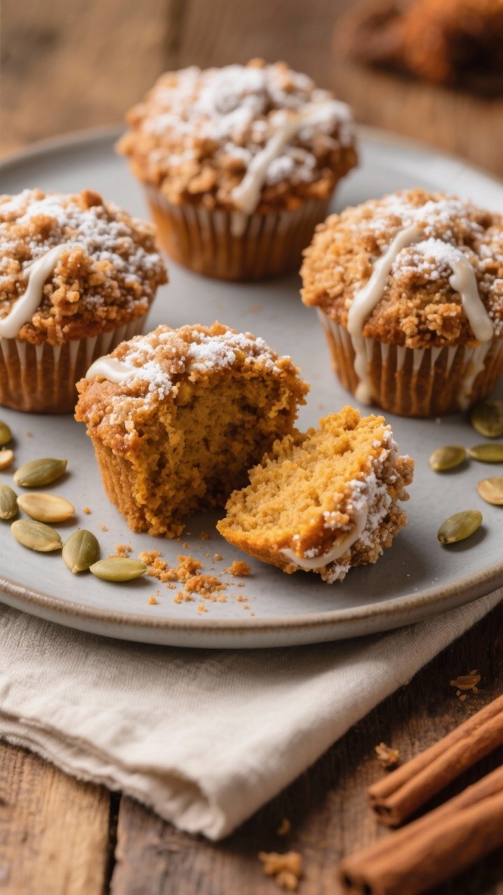 Final plated hero shot: Streusel-topped pumpkin muffins arranged on a matte ceramic platter, generou