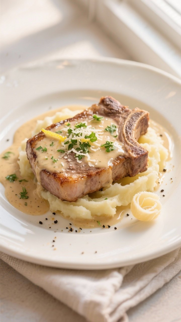 Final plated hero shot: Thick, tender pork chops coated in glossy creamy garlic-Parmesan sauce, garn