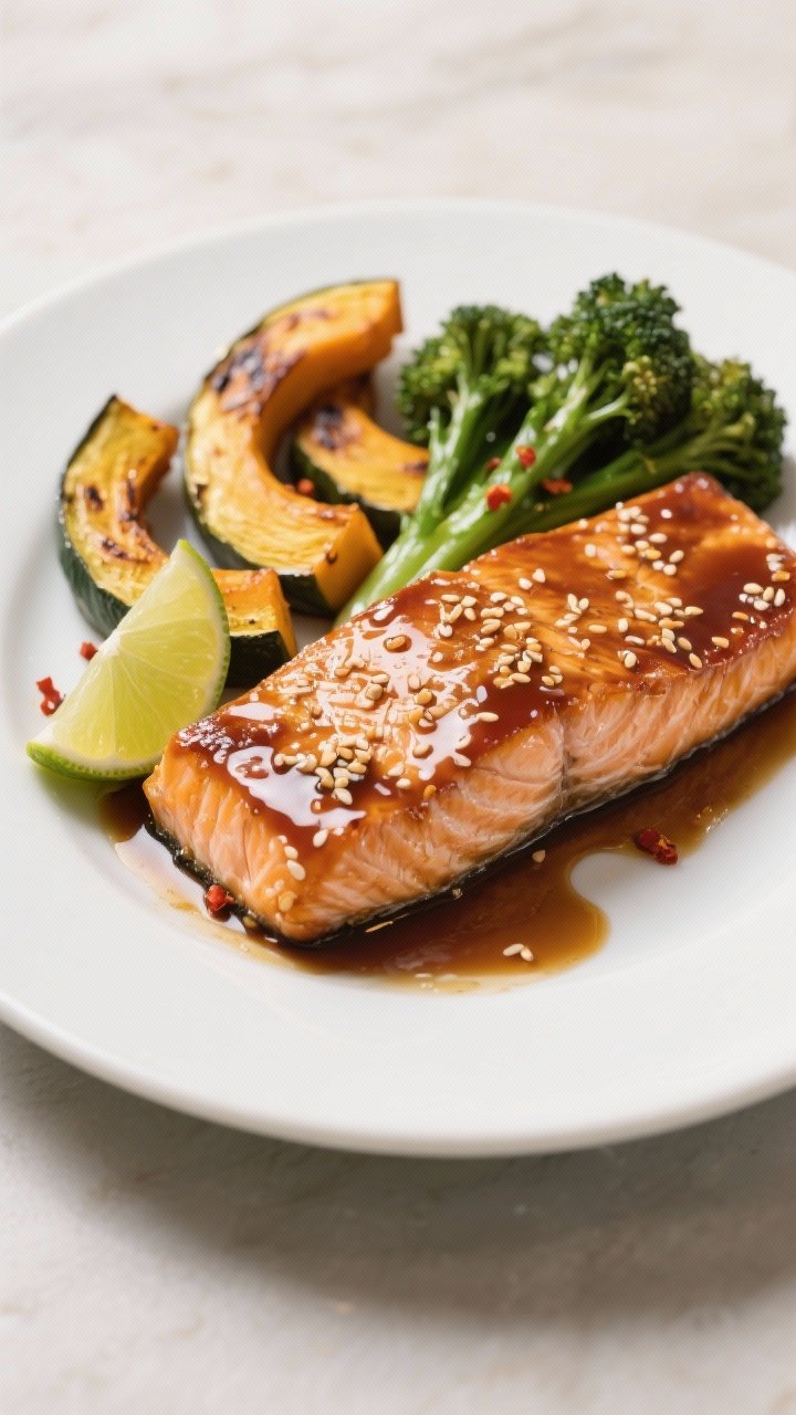 Final plated Maple-Soy Salmon & Squash: lacquered salmon fillet with a sticky maple-tamari glaze and
