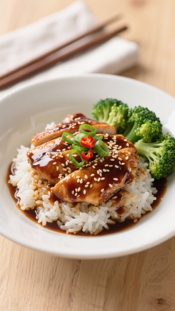 Final plated presentation: Restaurant-quality bowl of teriyaki chicken over fluffy jasmine rice, gen