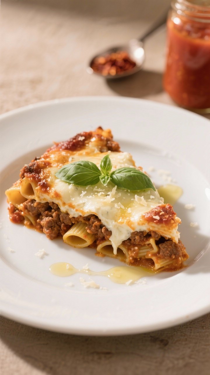Final plated presentation: Restaurant-quality slice of baked ziti set on a wide white rimmed plate,