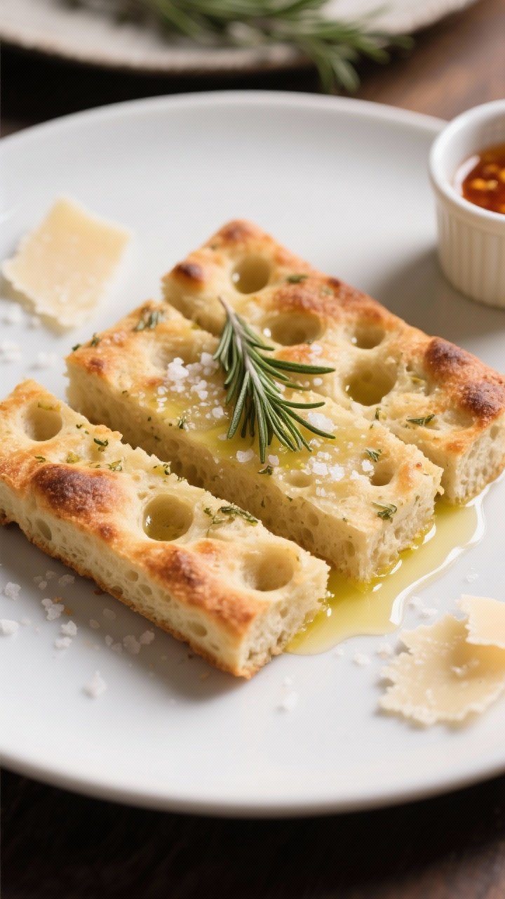 Final plated presentation: thick square slices of sourdough rosemary-garlic focaccia on a matte whit