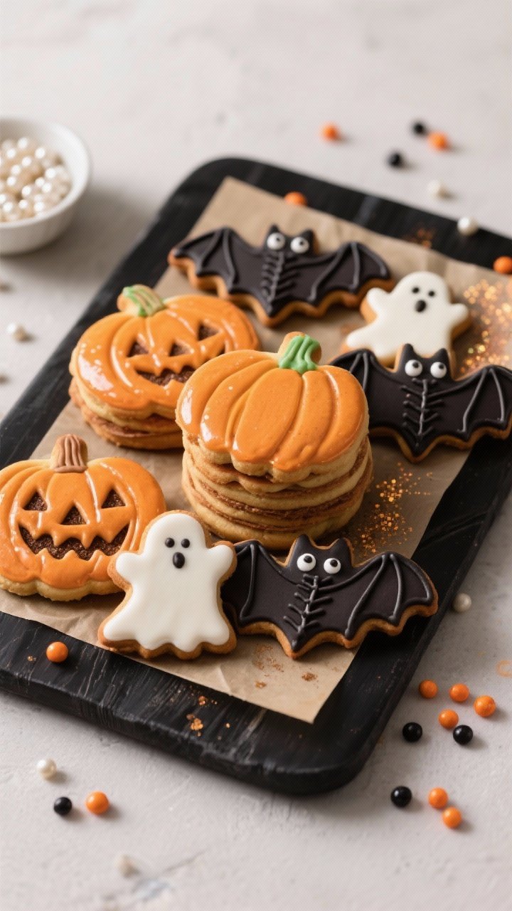 Final presentation: Beautifully arranged platter of fully dried, glossy Halloween sugar cookies on a