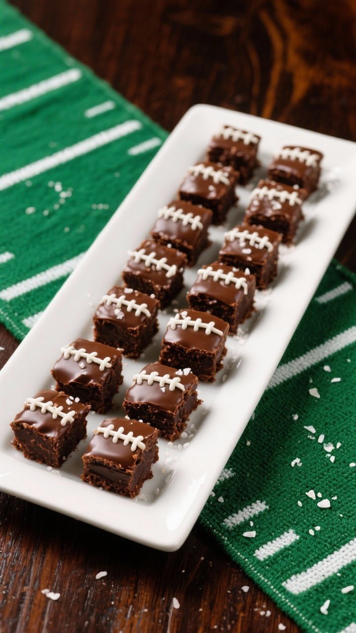 Final presentation: Beautifully plated mini football brownie bites arranged in tight rows on a white