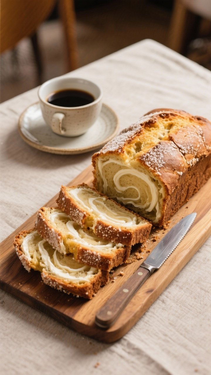Final presentation: Restaurant-quality serving board scene with the cooled loaf partially sliced, re