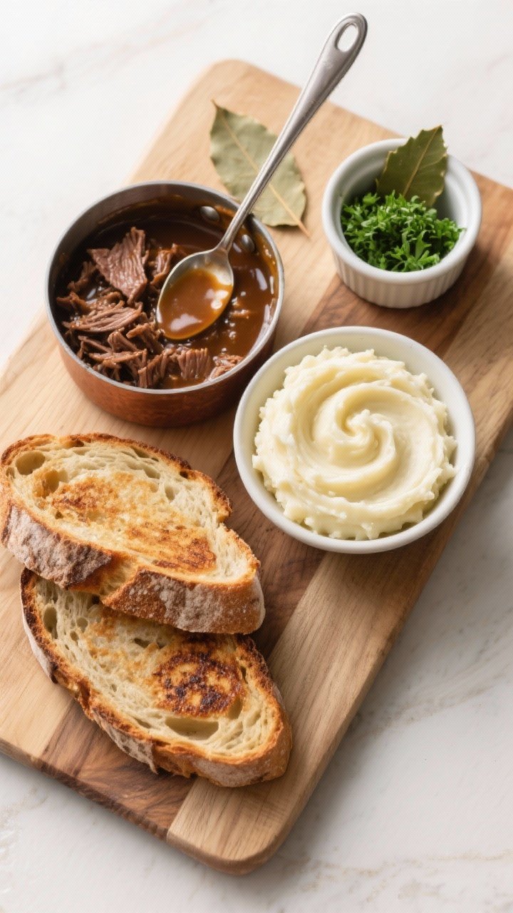 Overhead cooking-process shot: of assembly on a wooden board—two slices of deeply toasted sourdoug