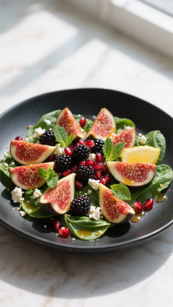 Overhead final presentation: Fig, Pomegranate & Mint Jewel Bowl arranged on baby spinach in a wide m