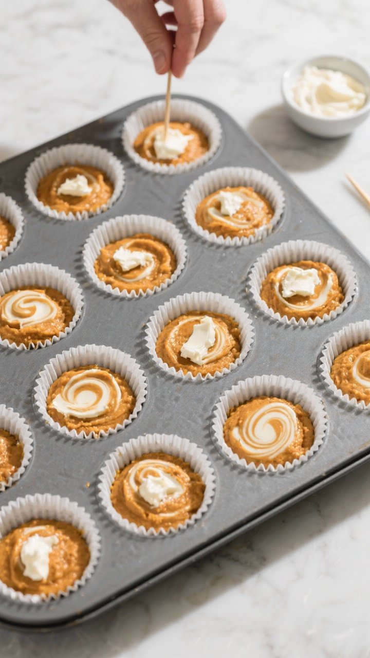 Overhead process shot: Cream cheese swirl pumpkin muffins mid-assembly in a 12-cup muffin tin lined