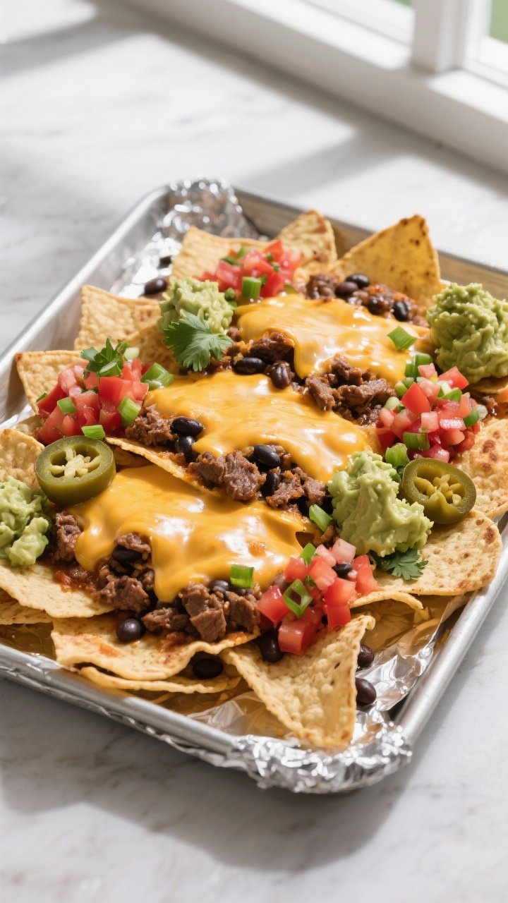 Overhead shot of a just-baked sheet pan of Classic Stadium Nachos: sturdy tortilla chips pre-toasted