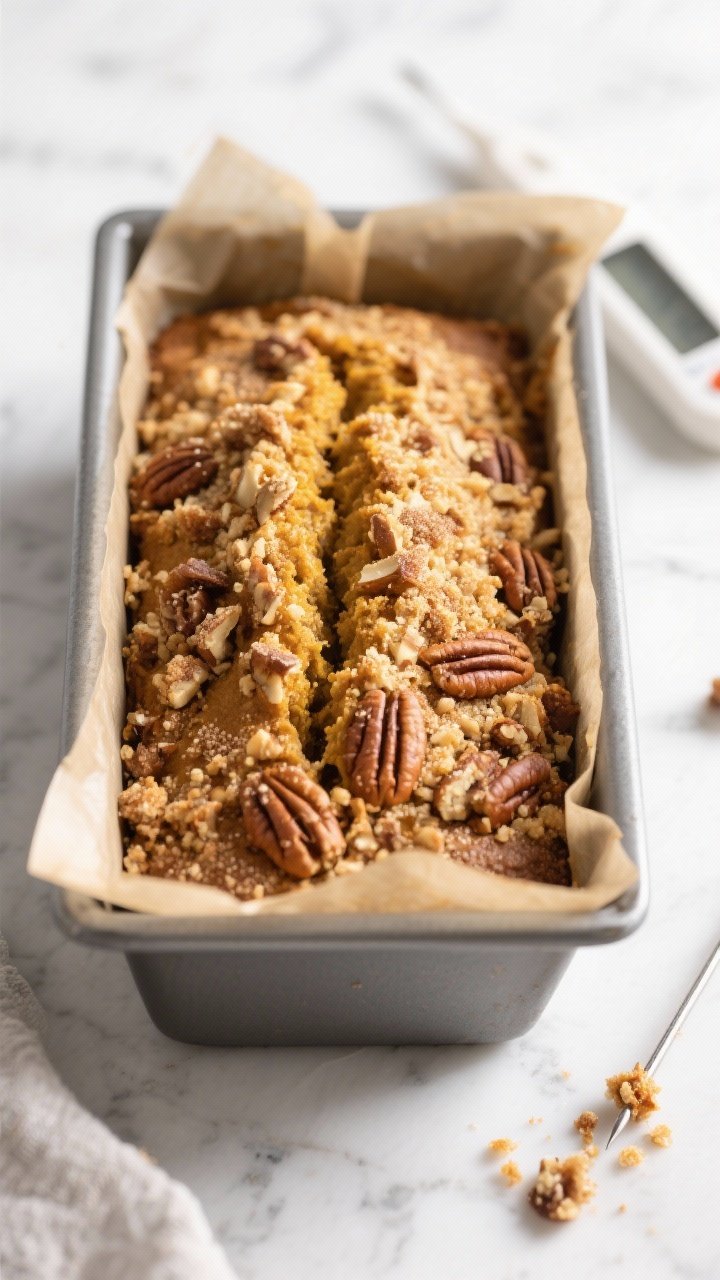 Overhead shot of pecan streusel pumpkin bread just out of the oven in a parchment-lined 9x5 loaf pan