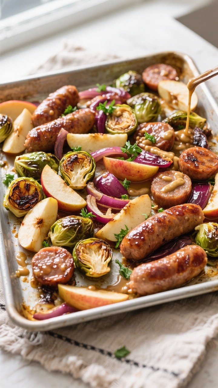 Overhead shot of the Sausage & Apple Sheet Pan just out of the oven: caramelized Brussels sprouts wi