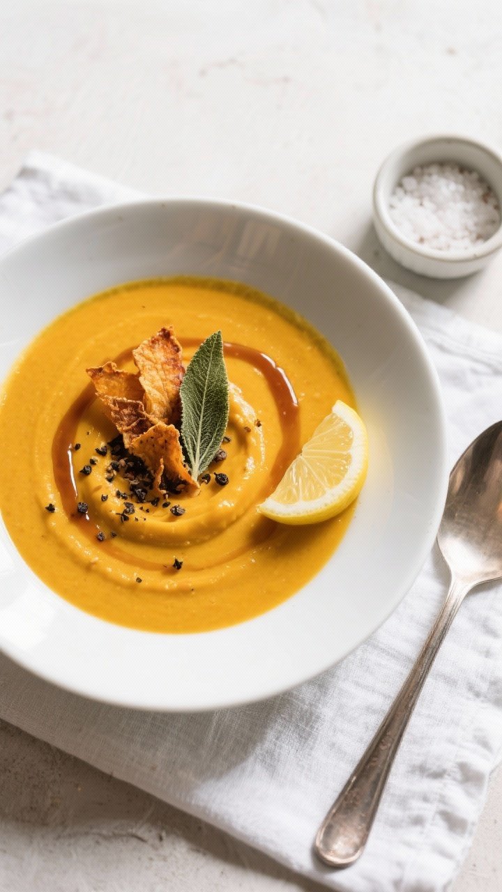 Overhead “tasty top view” of Roasted Butternut Squash + Sage soup, fully plated: vibrant golden-