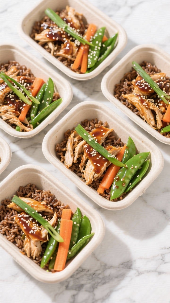 Overhead “tasty top view” shot: Teriyaki chicken meal prep layout—four shallow containers neat