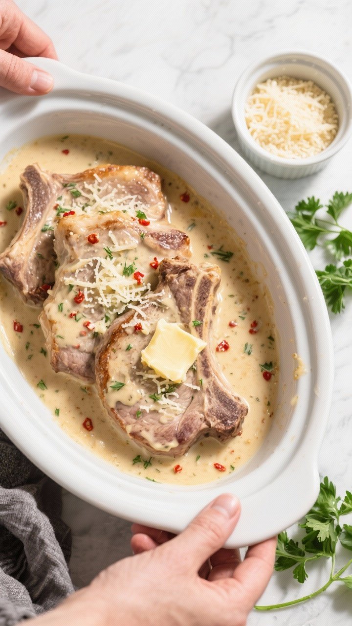 Overhead “tasty top view”: Top-down shot of slow cooker pork chops just finished, chops briefly