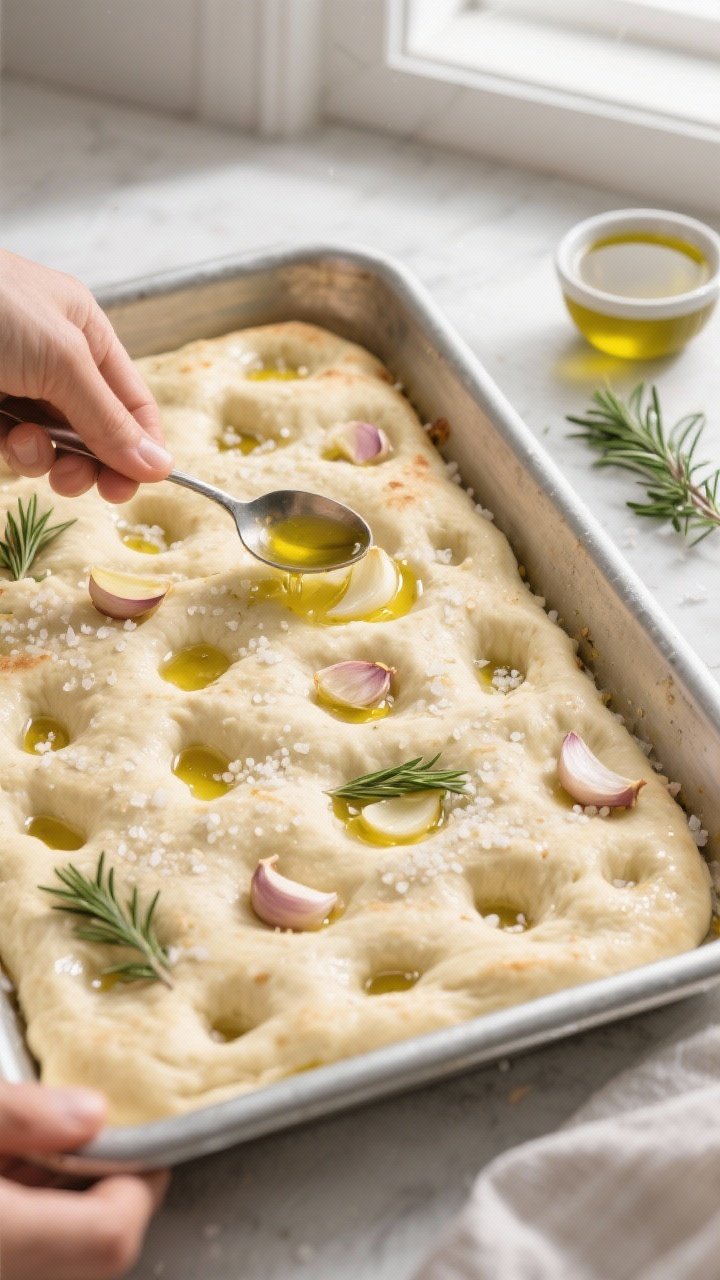 Overhead top-down shot of the focaccia in a 9x13 metal pan during the “dimple and dress” step, d