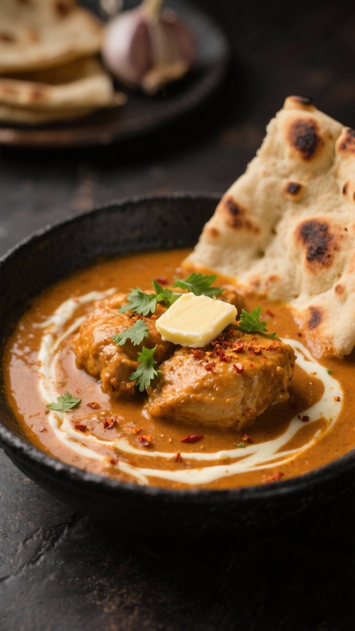 Restaurant-quality final dish presentation: Butter chicken served in a low, black ceramic bowl, thic
