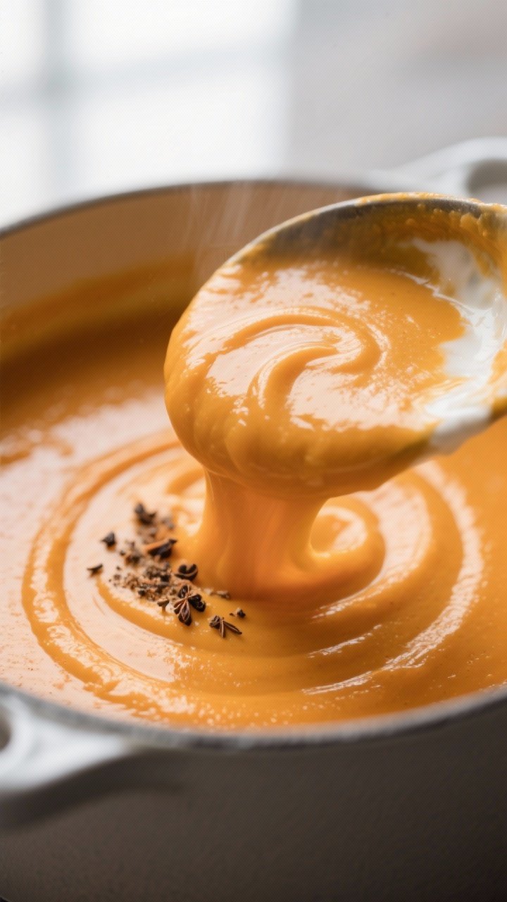 Silky blend close-up — texture hero: Extreme close-up of freshly blended butternut squash soup bei
