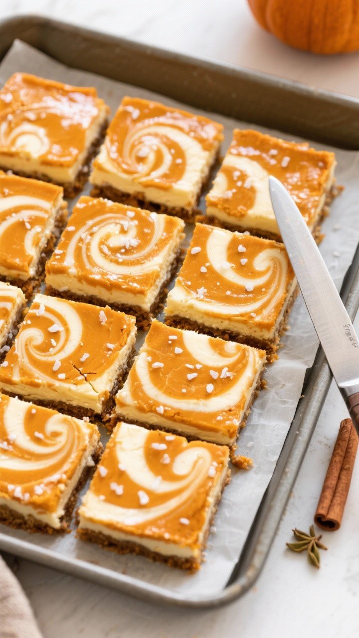 Tasty top view (final dish): Overhead shot of Pumpkin Cheesecake Swirl Bars arranged in a neat grid