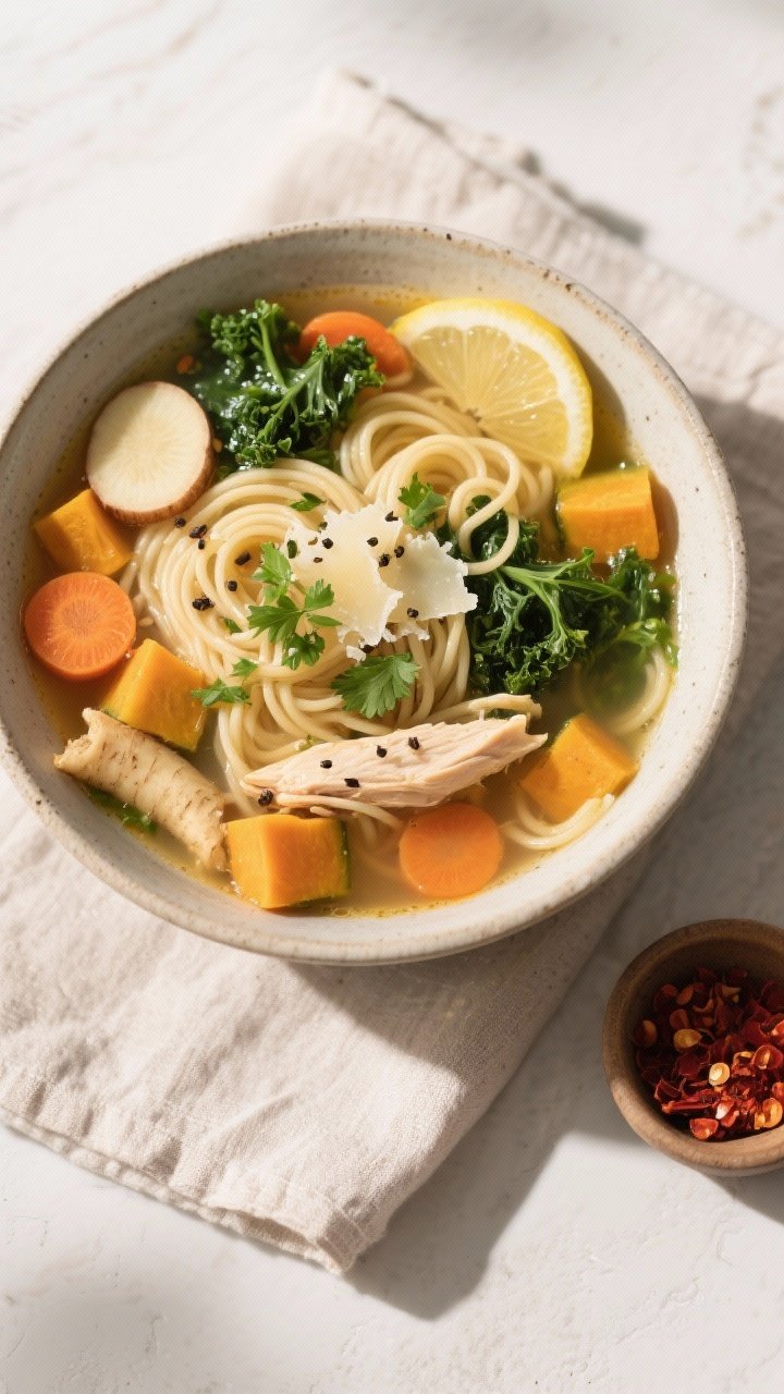 Tasty top view: Overhead shot of a finished bowl of Chicken Noodle Soup with Fall Vegetables, neatly