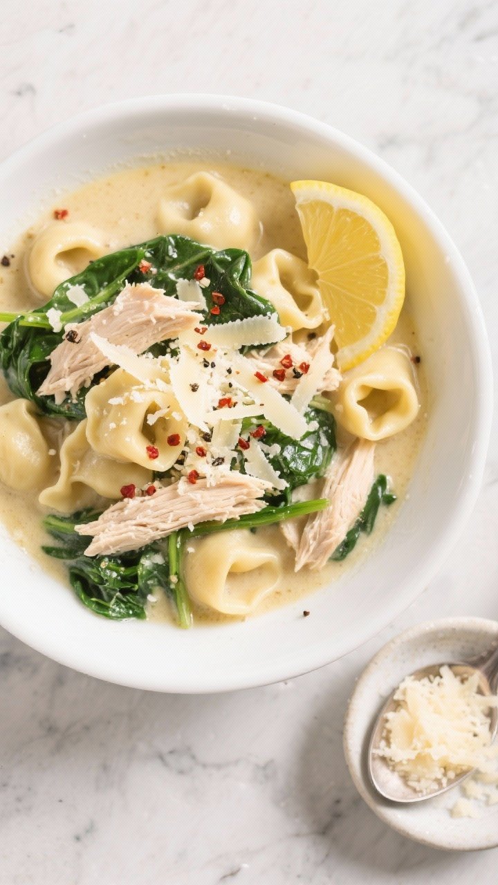 Tasty top view: Overhead shot of a ladled bowl of Crockpot Chicken Tortellini, showing a generous sc