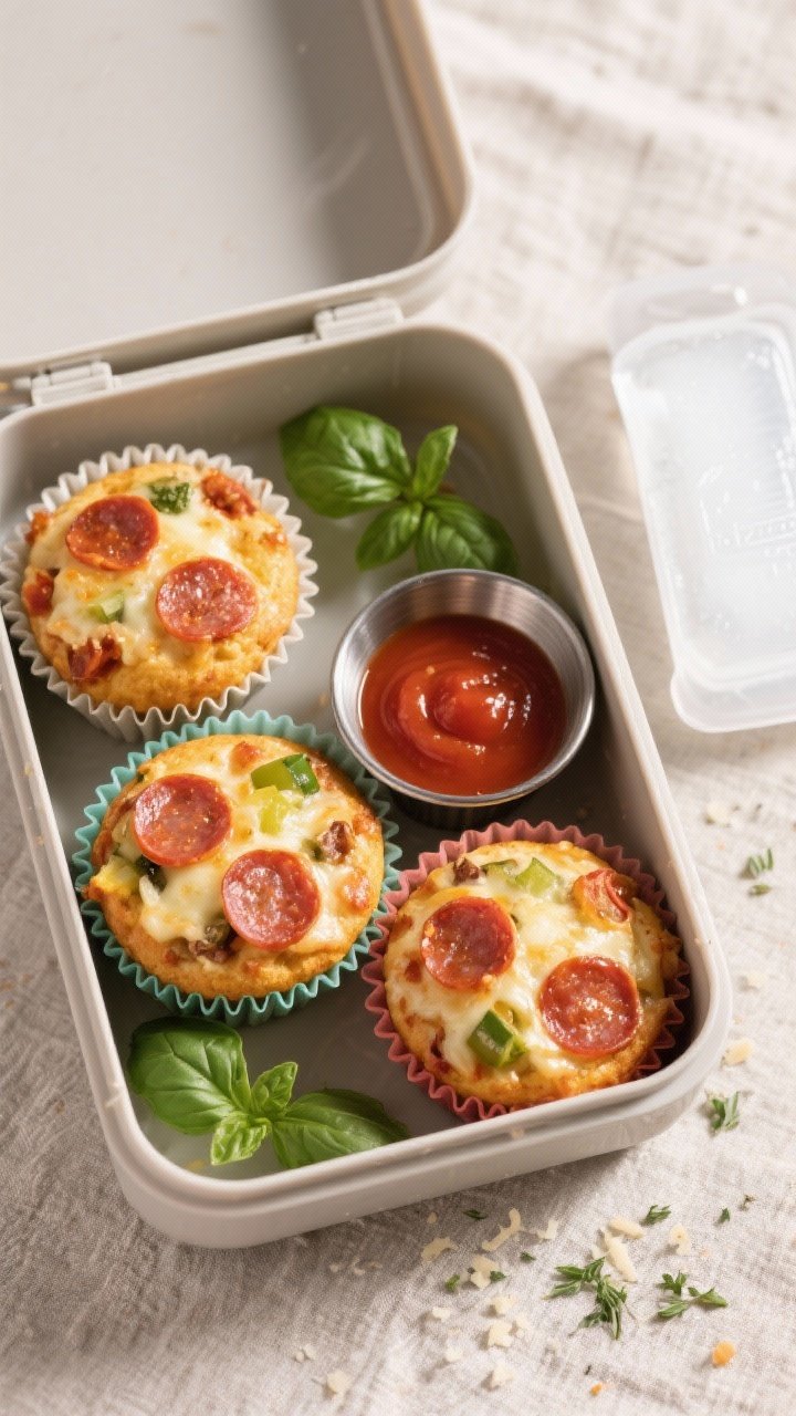 Tasty top view: Overhead shot of a lunchbox-ready spread—three pizza muffins (pepperoni and veggie
