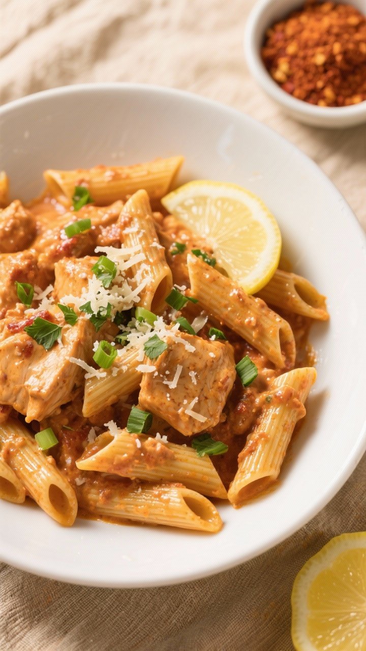 Tasty top view: Overhead shot of al dente penne folded into the creamy Cajun chicken sauce, sauce cl