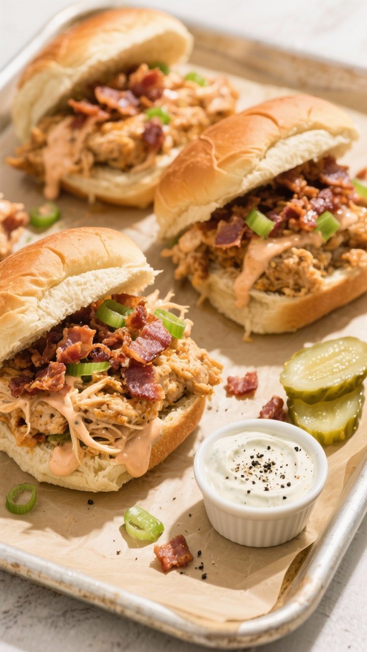 Tasty top view: Overhead shot of crack chicken piled onto toasted brioche buns on a parchment-lined
