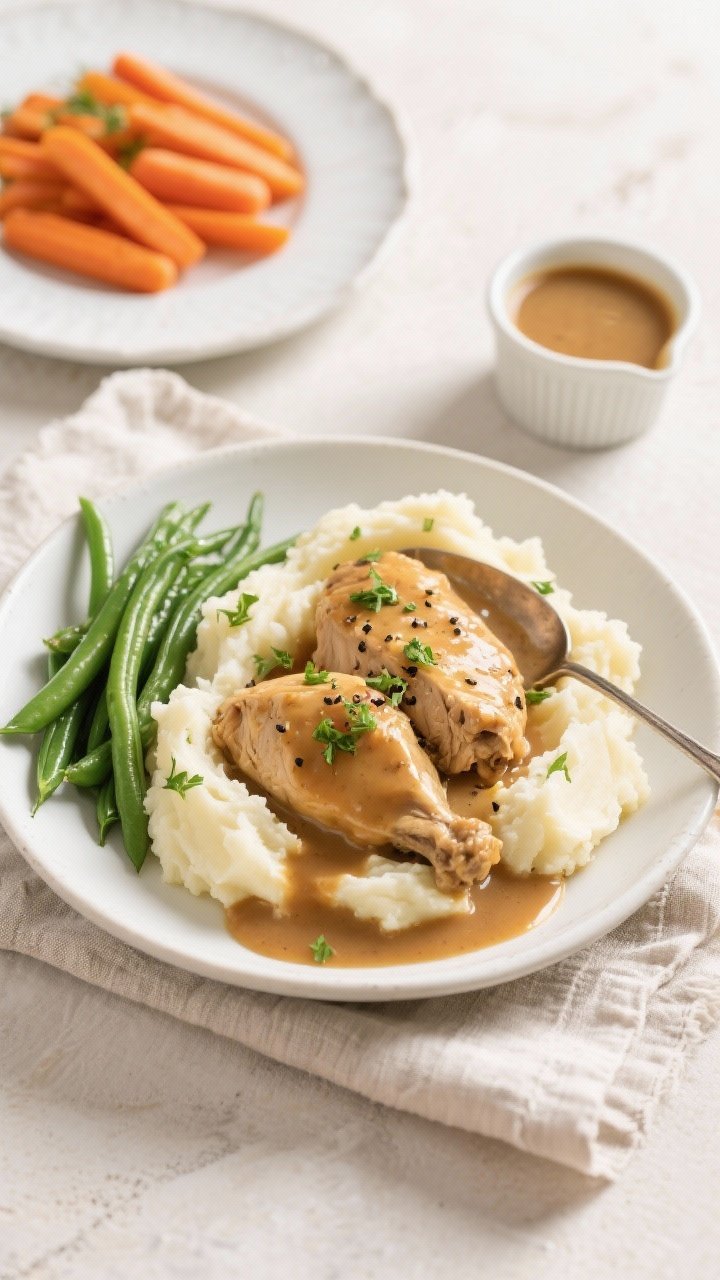 Tasty top view: Overhead shot of Crockpot Chicken and Gravy generously spooned over fluffy mashed po