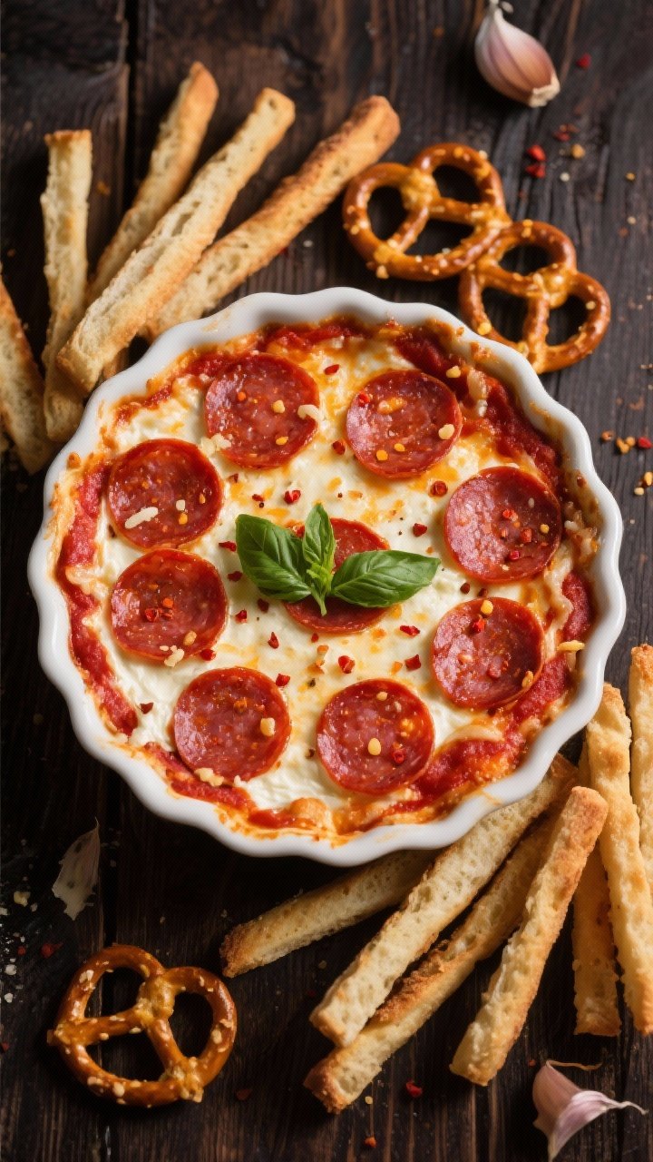 Tasty top view: Overhead shot of Pepperoni Pizza Dip in a small round baking dish—layers visible a