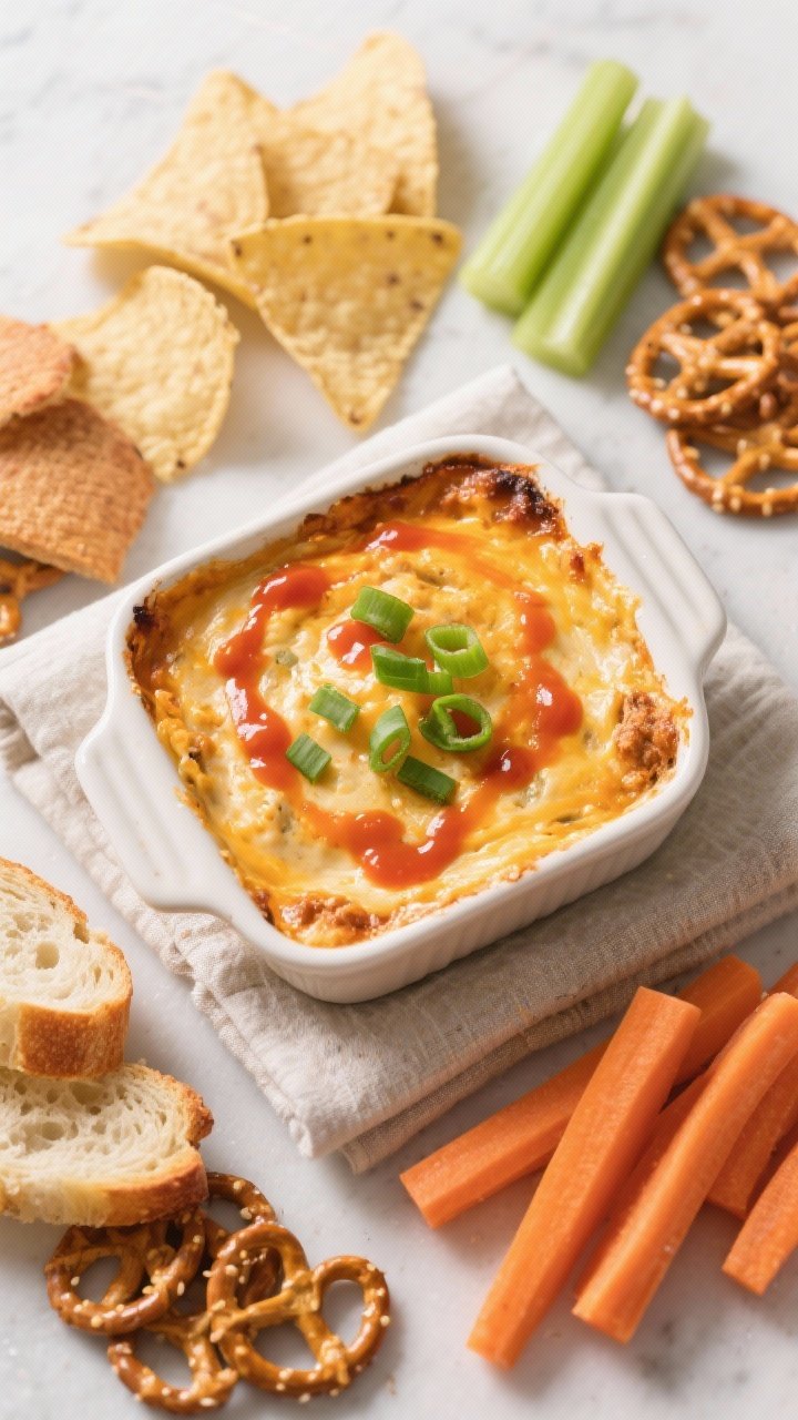 Tasty top view: Overhead shot of the final Buffalo Chicken Dip in a small casserole dish, garnished 