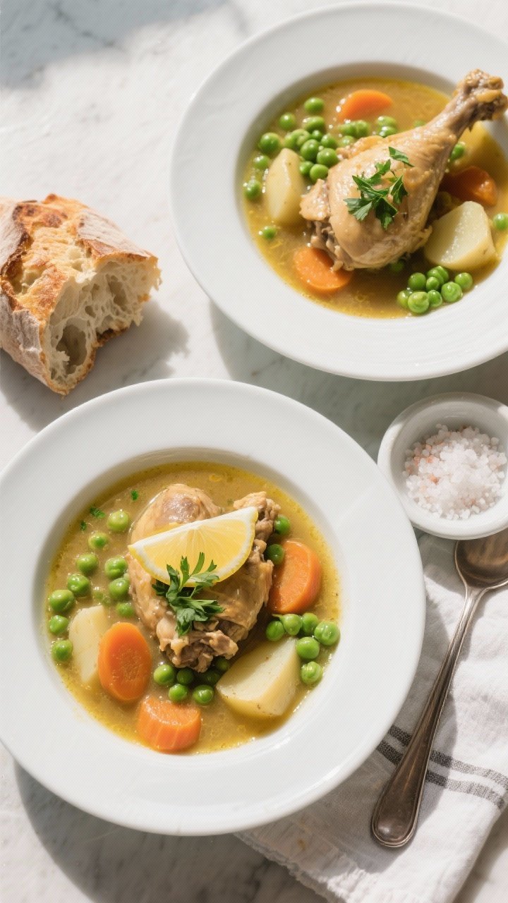 Tasty top view: Overhead shot of the finished chicken stew ladled into wide, shallow white bowls; br