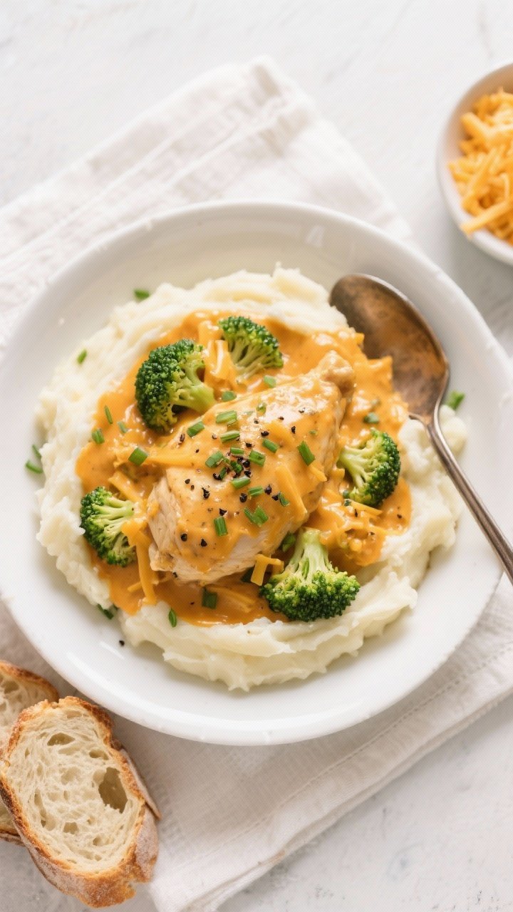 Tasty top view: Overhead shot of the finished creamy broccoli cheddar chicken spooned over buttery m