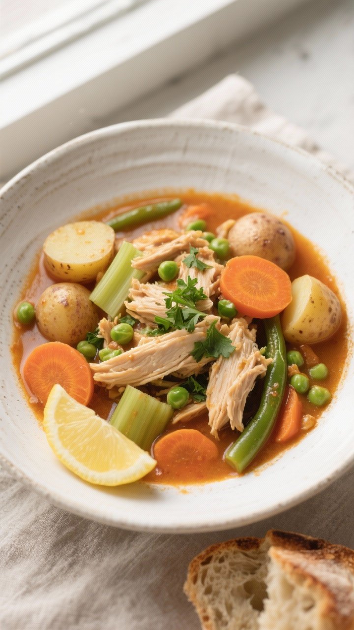 Tasty top view: Overhead shot of the finished slow cooker chicken stew ladled into a wide, rustic wh