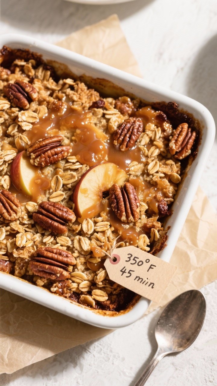 Tasty top view: Overhead shot of the freshly baked caramel apple crisp in a 9x9-inch dish, topping e