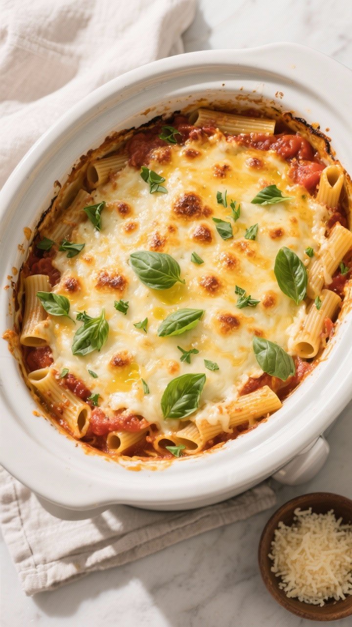 Tasty top view: Overhead shot of the slow cooker insert right after the “Finish with herbs” step