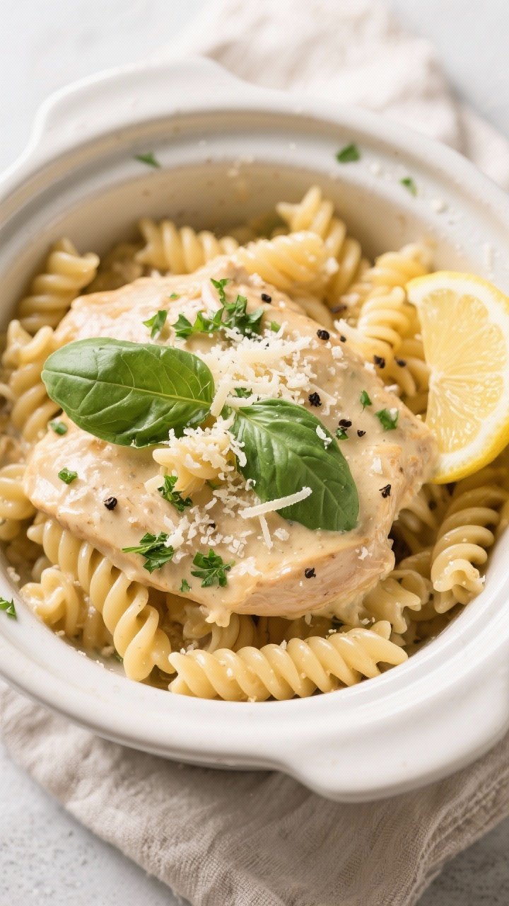 Tasty top view, overhead shot: Overhead of al dente rotini tossed with the creamy Parmesan chicken s