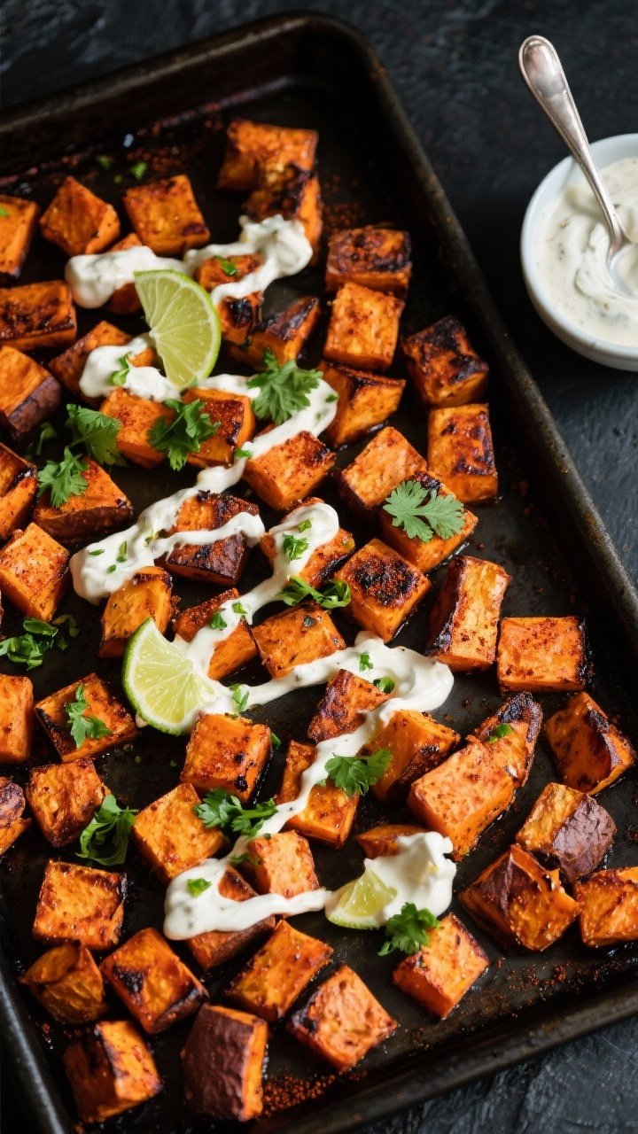 Tasty top view process-to-finish: Overhead shot of smoky paprika sweet potato cubes on a dark sheet