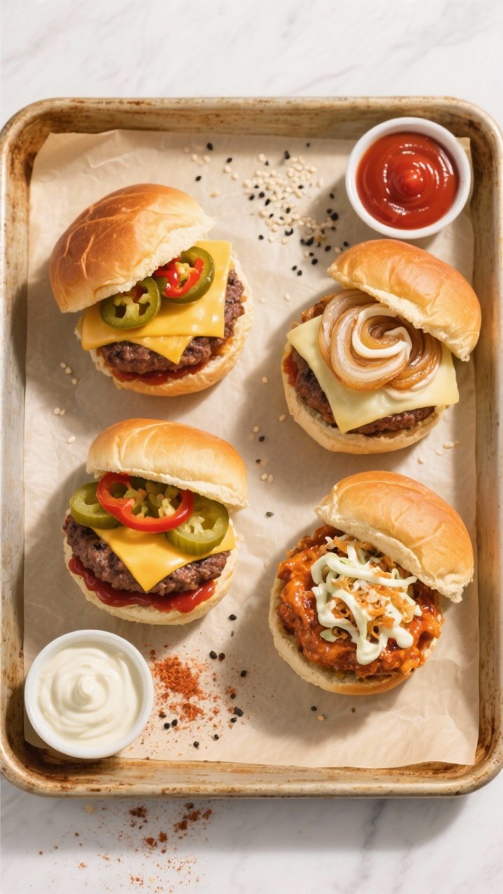 Tasty top view, variety tray: Overhead shot of a warm sheet pan lined with parchment holding four di