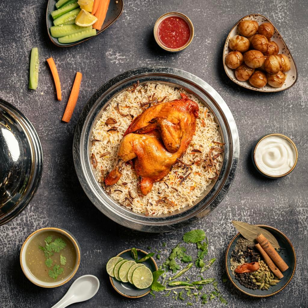 Scrumptious biryani with roasted chicken, spices, and vegetables, styled on a metal plate.