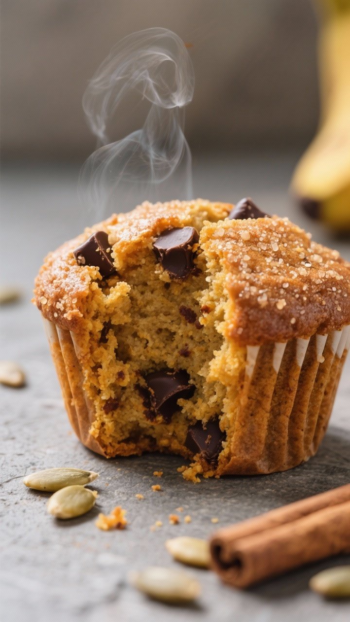 Close-up detail: A freshly baked banana pumpkin muffin torn open to reveal an ultra-moist, tender cr