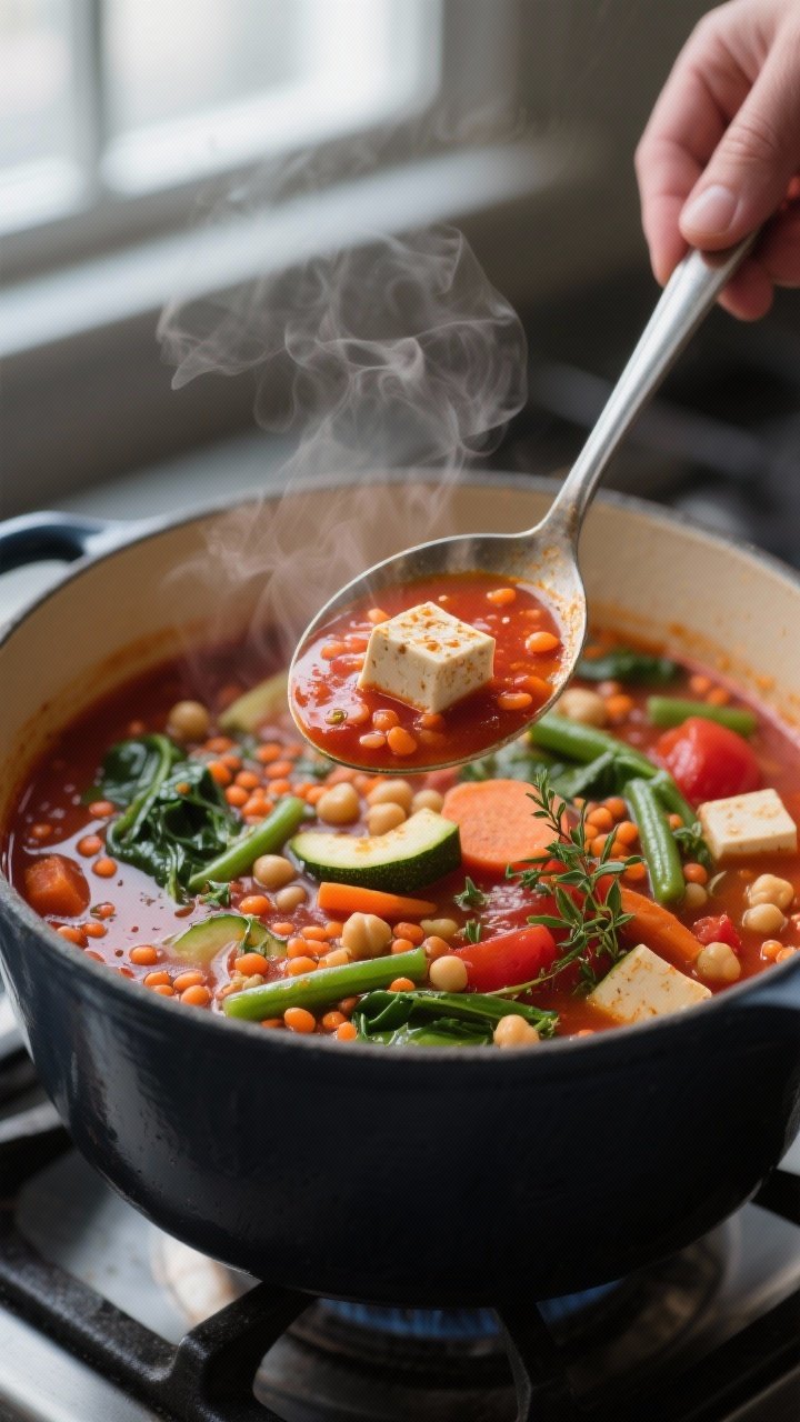 Close-up detail: A steaming ladle lifting hearty high-protein vegetable soup from a Dutch oven, show