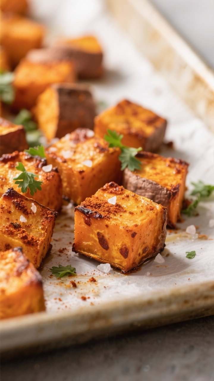 Close-up detail: Crispy roasted sweet potato cubes fresh from the oven, edges caramelized and speckl