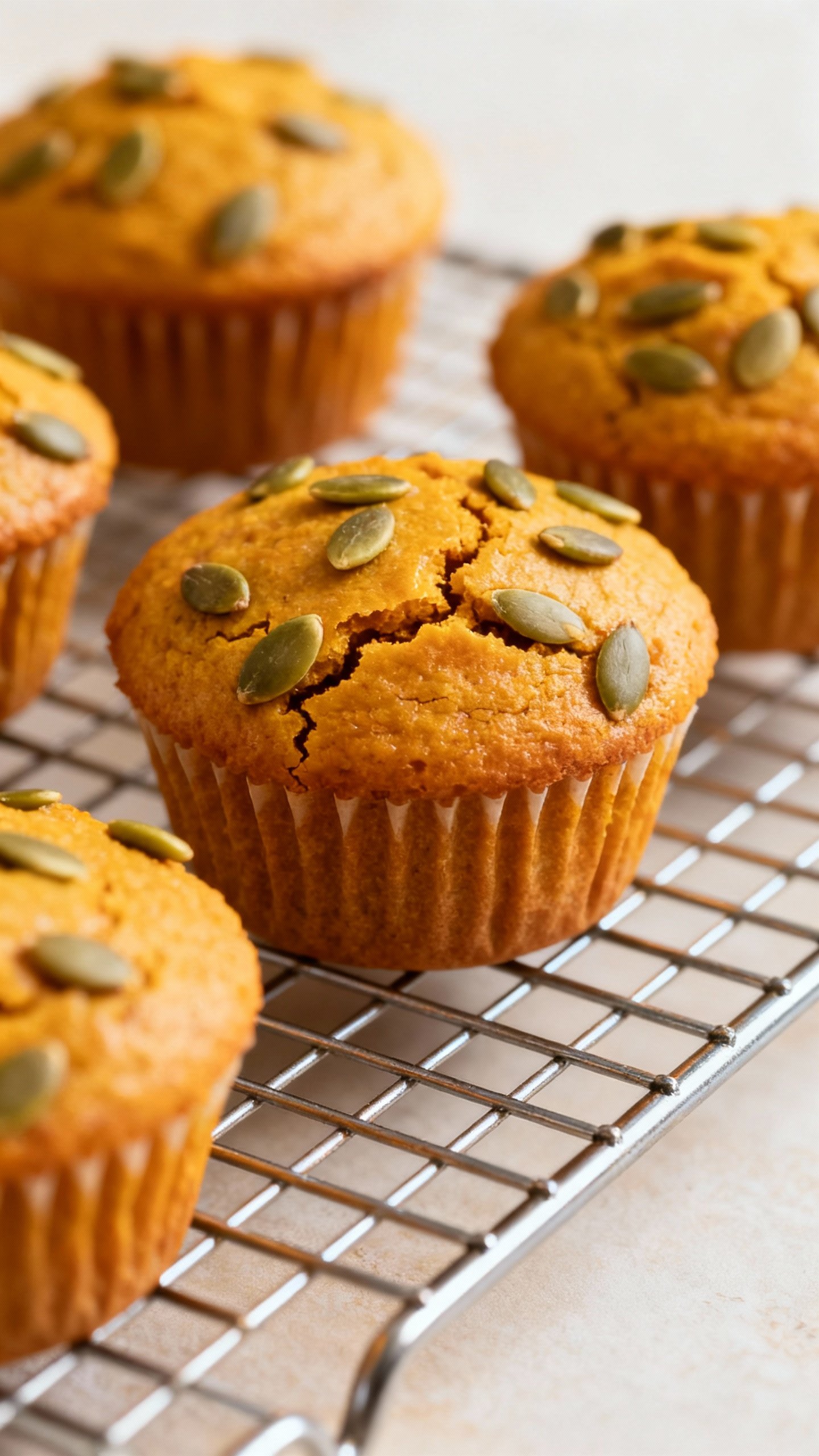 Closeup pumpkin muffins with pepitas on cooling rack
