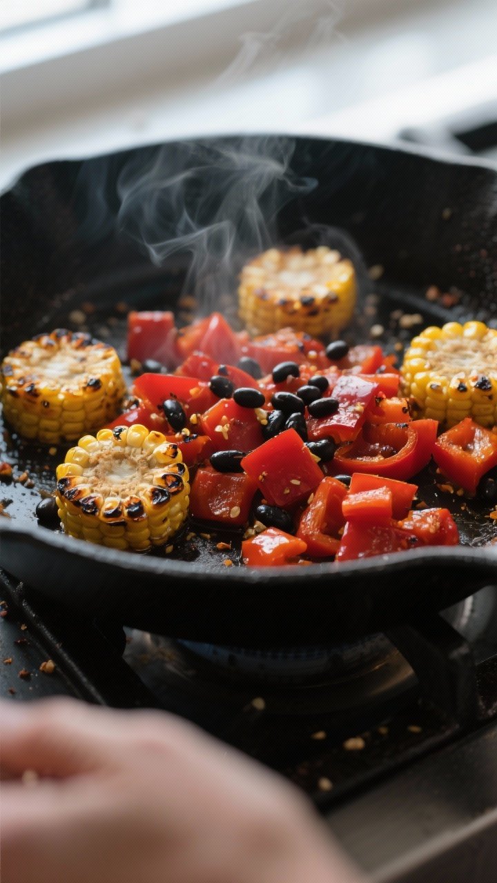 Cooking process: Charred corn and red bell pepper sizzling in a black skillet, lightly blistered ker