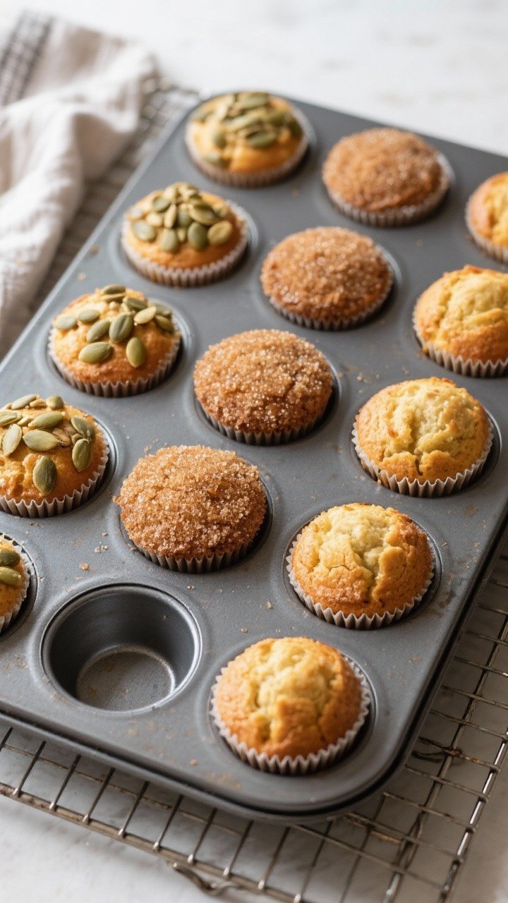 Cooking process: Overhead shot of a 12-cup muffin tin just out of the oven showing high bakery-style