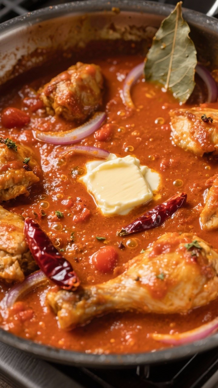 Cooking process: Tomato paste and softened onions transforming into a velvety butter chicken sauce b