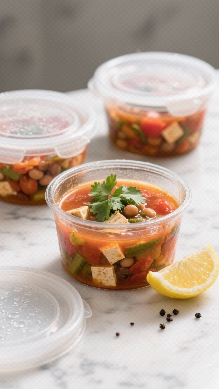 Final dish hero: Beauty shot at a 45-degree angle of the soup portioned for meal prep—three clear