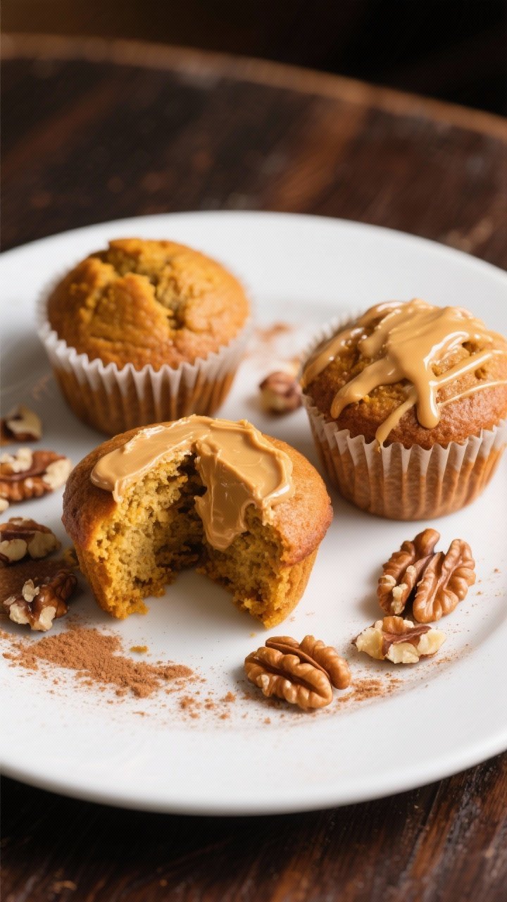 Final dish presentation: Three banana pumpkin muffins plated café-style—one whole, one cut in hal