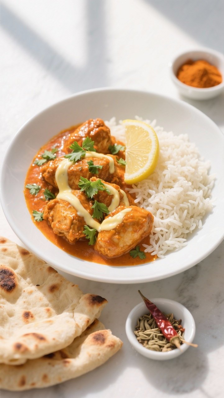 Final dish top view: Overhead shot of butter chicken plated in a shallow white bowl, rich orange-cor